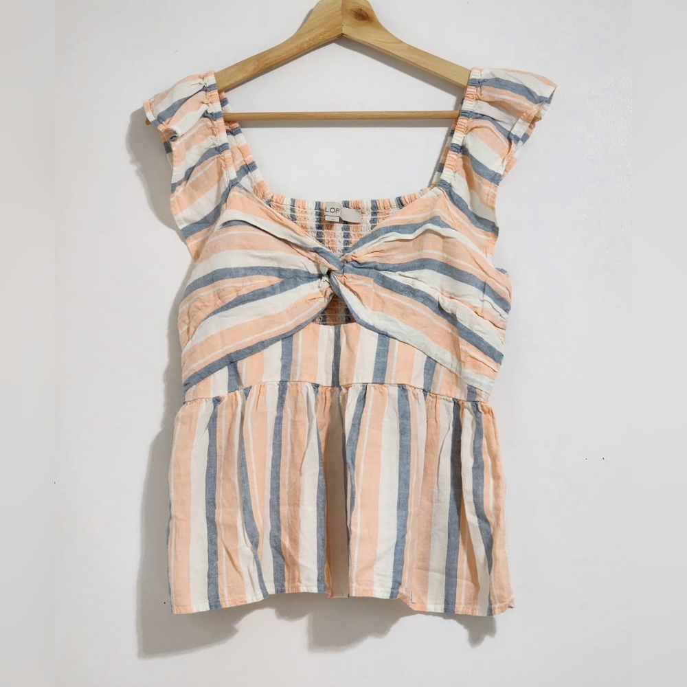 Loft Striped Top Flutter Sleeve Size S Linen Blend Romantic Cottagecore Coastal